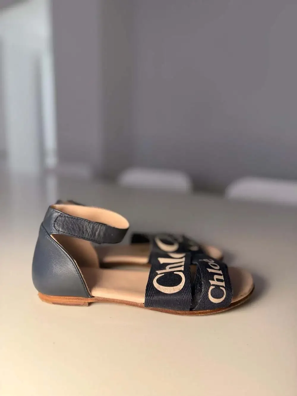 Chloé Kids Navy Blue Canvas Woody Logo Flat Sandals - Size 34